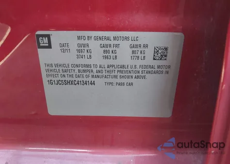 2012 Chevrolet Sonic 2Lt из США, поврежденный, VIN 1G1JC5SHXC4134144